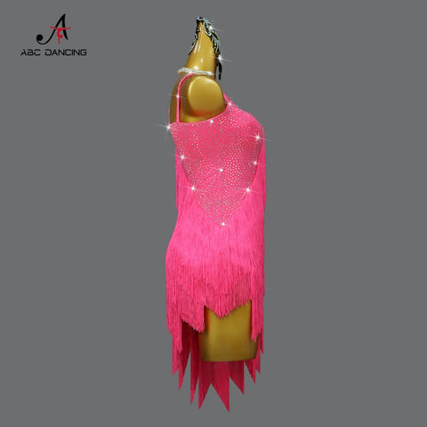 Professional fuchsia gemstones competition Latin Dance dresses for women girls slant neck Contest Show Flower solo Dance Tassel costumes - Moderndancedress.com