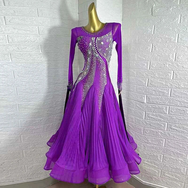Customized Size Violet Purple Competition Ballroom Dance Dresses for Women Girla Tango Waltz Performance Costume