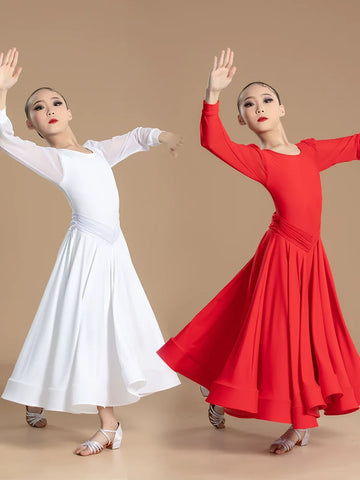 Modern dance competition ballroom dresses for girls kids red white social dance regulations walt tango foxtrot smooth dance gown large skirt - Moderndancedress.com