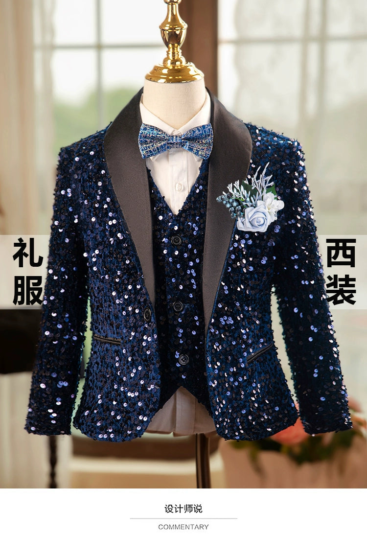 Boys Rainbow Navy Sequins Jazz Dance Coats Host Singers Pianist Performance Blazers Wedding Birthday Party Flowers Boys Jacket for Kids - Moderndancedress.com