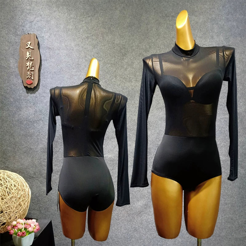 Latin Dance Garment bodysuits Adult Female Sense Screen Dance Garment body tops jumpsuits - Moderndancedress.com