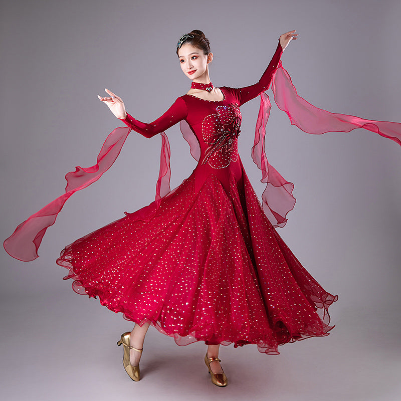 Wine Competition Ballroom Dance Dresses for Women Girls  Embroidered Diamond Waltz Tango Performance Gown - Moderndancedress.com
