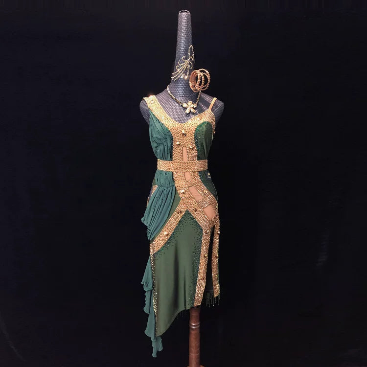 Custom Size Olive Navy Gold Crystal Competition Latin Dance Dress Ballroom Performance Costume