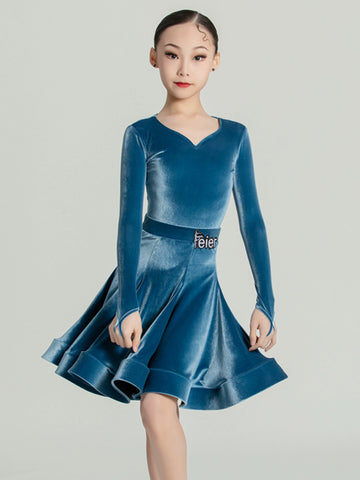 Girls Purple wine velvet ballroom Latin Dance Competition dresses kids International Dance salsa rumba chacha performance skrirts - Moderndancedress.com