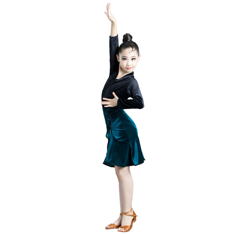 Girls Latin Dance Dresses Children's Latin dance clothes Latin dance practice clothes girl's Latin dance skirt split long sleeve gold velvet test - Moderndancedress.com