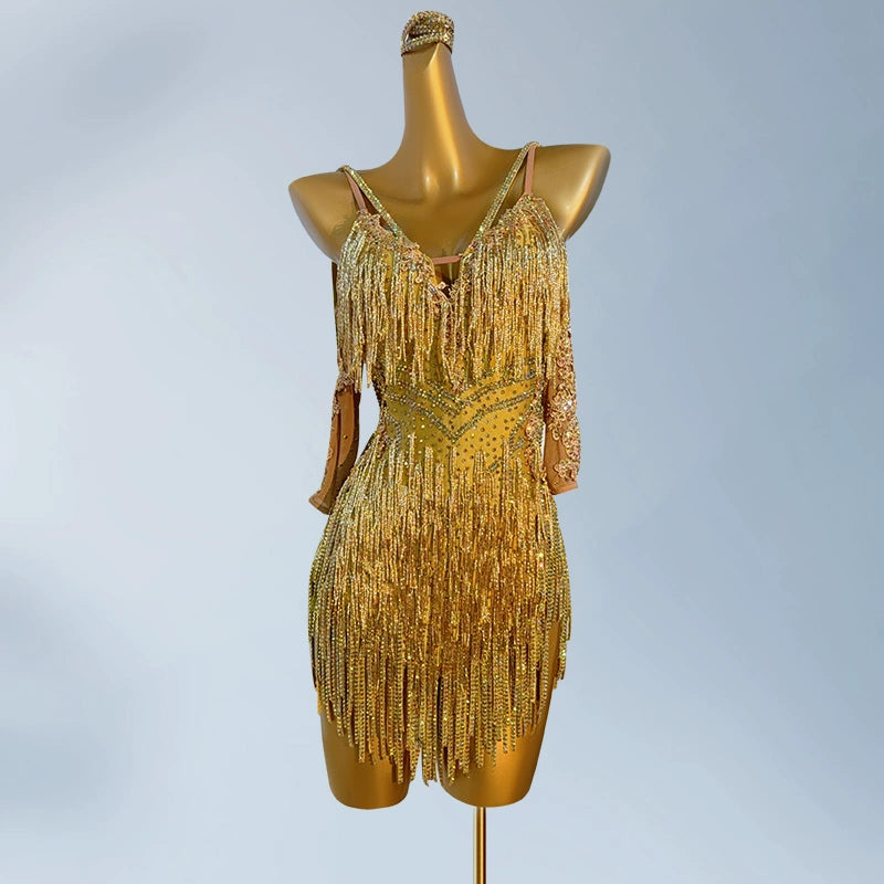 Custom Size Gold Competition Latin Dance Dresses Salsa Rumba Blackpol Performance Sparkling Costumes
