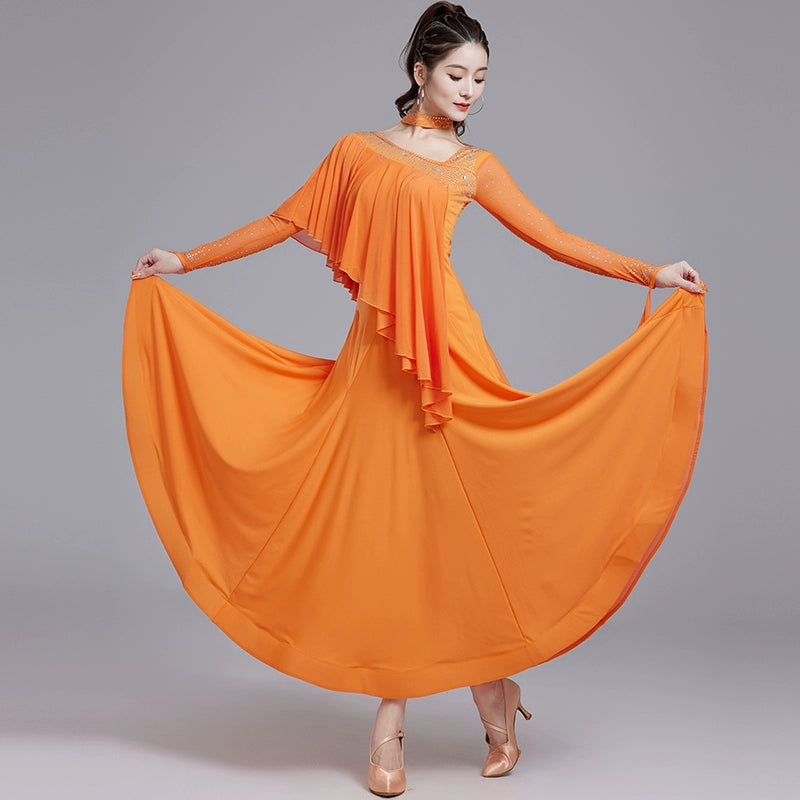 Orange Wien Blue Slant Neck Ballroom Dance Dresses for Women Girls National Standard Waltz Tango Social Professional Competitions Long Gown - Moderndancedress.com