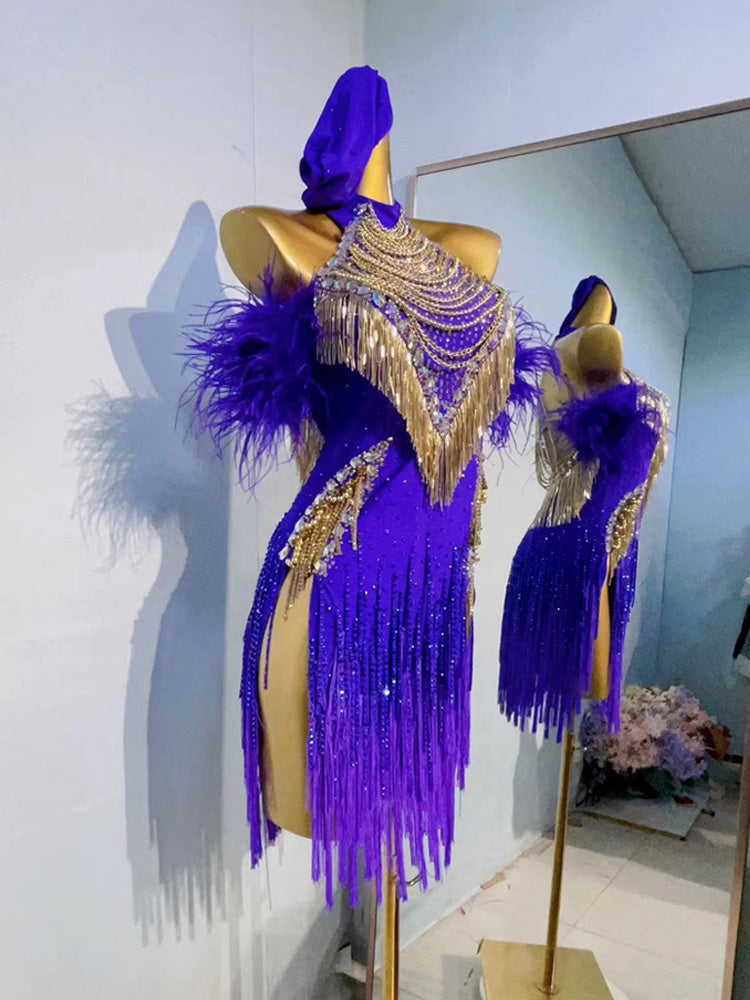 Custom Size Violet Feather Competition Latin Dance Dresses for Women Girls Salsa Rumba Chacha Outfits - Moderndancedress.com