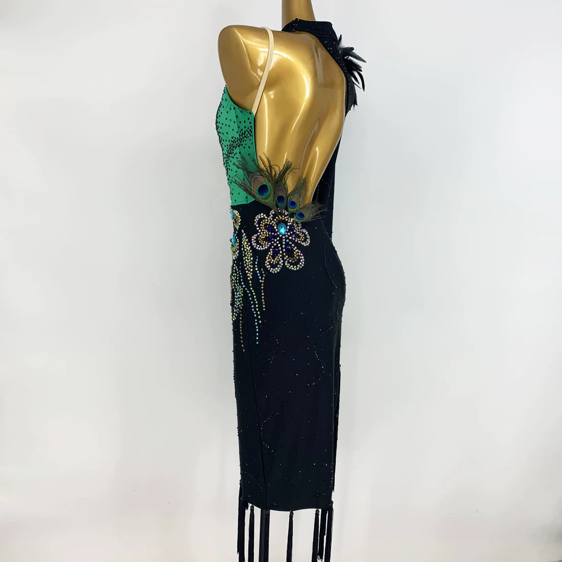Custom Size Emerald Peacock Latin Dance Dress - Rhinestone Fringe Competition Costume