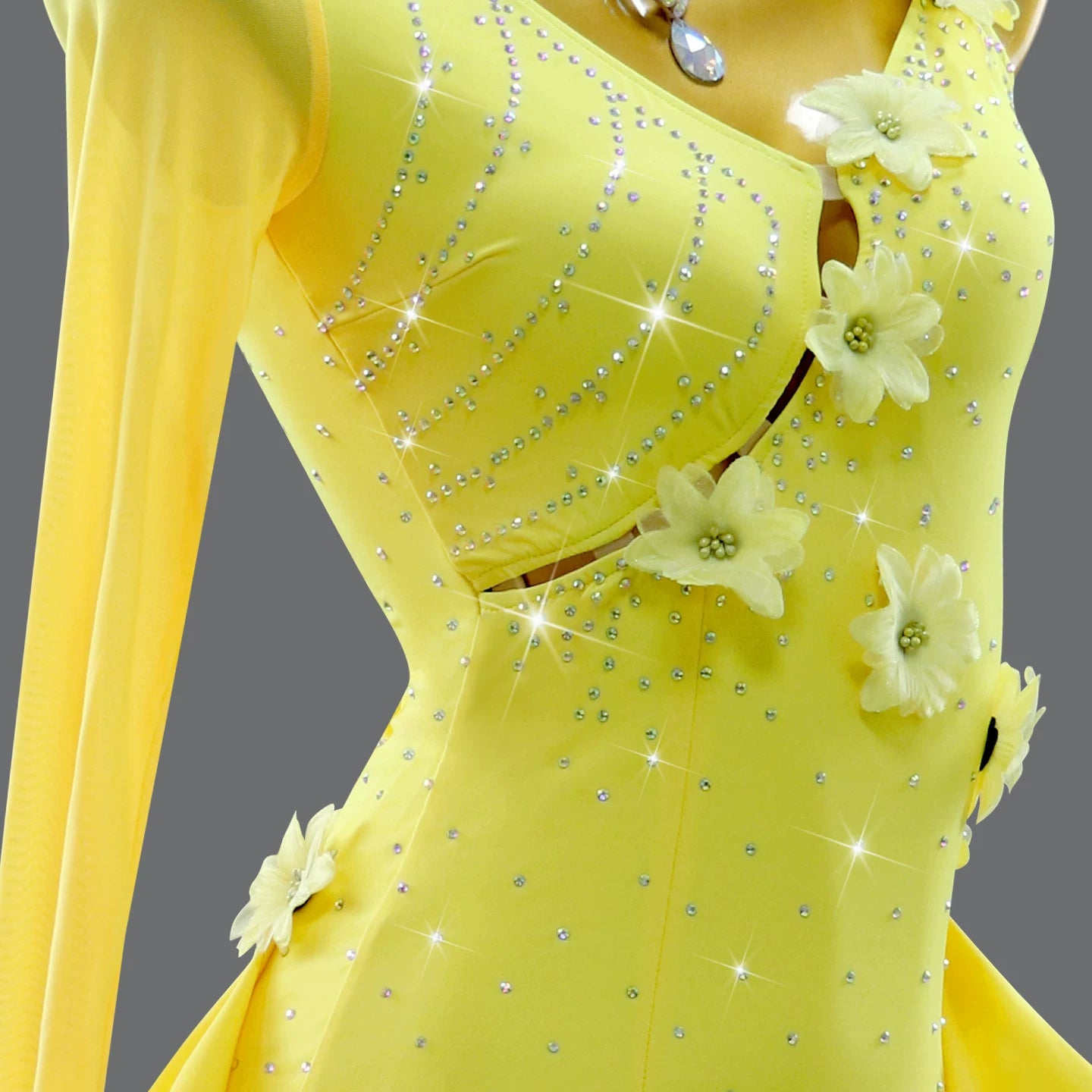 Custom Size Women's Yellow Latin Dance Dress Ruffles One Shoulder Sant Neck Flowers