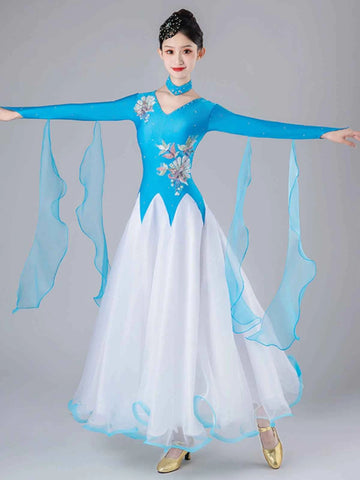 Women's Blue ballroom dance Dresses girls waltz tango foxtrot smooth performance costumes for Female - Moderndancedress.com
