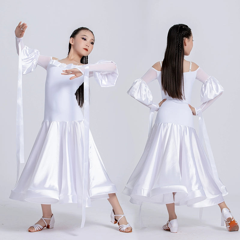 White Modern Ballroom Dance Dresses for Girls Kids Double-layer Skirt National Standard Waltz Tango Performance Long Gown for Children - Moderndancedress.com