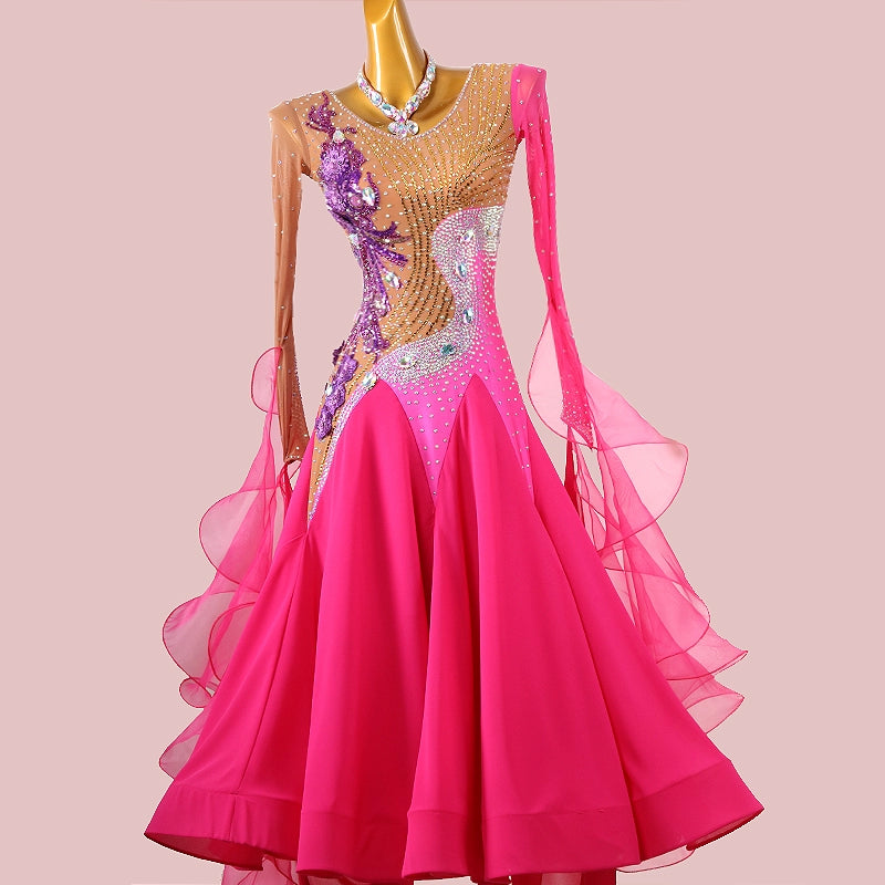 Custom Size Fuchsia Ballroom Dance Dresses for Women Girls Diamond Waltz Foxtrot Smooth Dance Long Gown