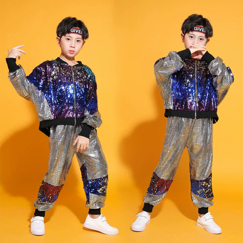 Children's Hip Hop jazz street costumes for girls Boys gogo dancers rapper singers Sequins Drum performance outfits for kids - Moderndancedress.com
