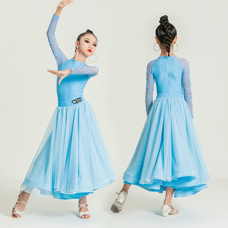 White Blue Lace Ballroom Dance Dresses for Girls Kids Waltz National Tango Dance Skirt Performance Regulations Clothes
