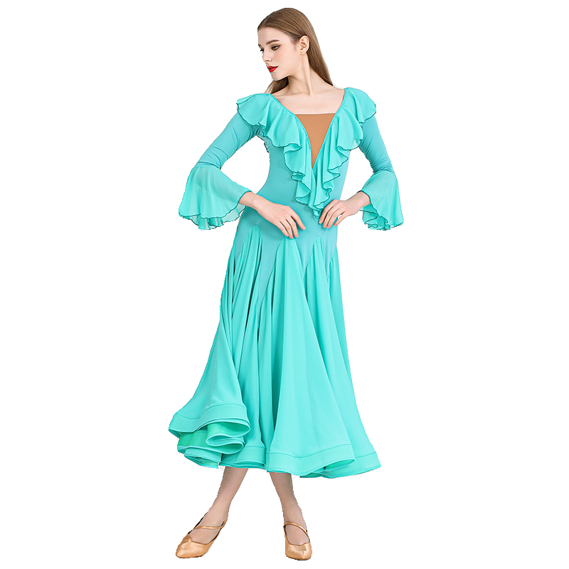 Turquoise Modern ballroom Dance Dress for women girls National Standard Waltz tango Performance Gown - Moderndancedress.com