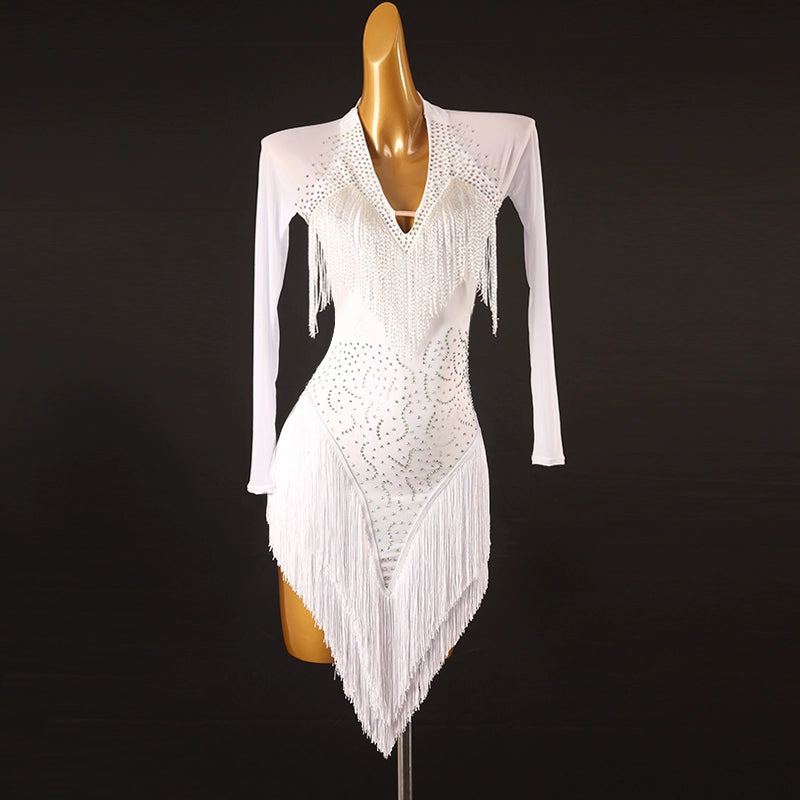 White Red Blue Fringe  Latin Dance Dress for Women Girls Purple Long Sleeves Rhinestones Competition Performance Rumba Chacha Dancing Costumes for Female - Moderndancedress.com