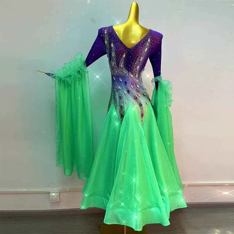 Custom Size Violet Green Gradient Ballroom Dance Dress for Women Waltz Tango Dance Swing Skirts