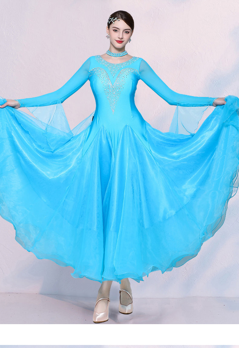 Turquoise Yellow Competition Ballroom Dance Dresses for Women Girls Waltz Tango Rhythm National Dance Gown - Moderndancedress.com
