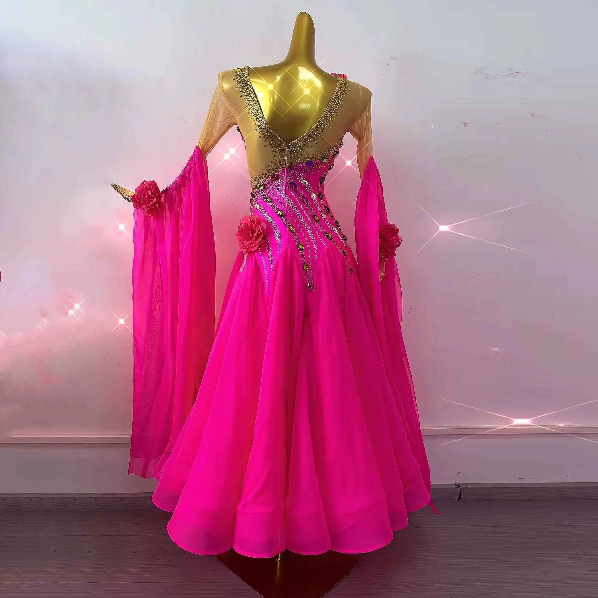 Custom Hot Pink Flowers Competition Ballroom Dance Dress for Women Waltz Tango Smooth Dance Long Gown