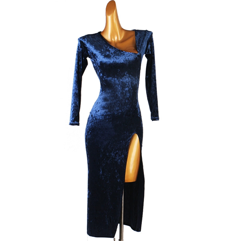 Women Girls Slant-neck Long Latin Dance Dress Black Blue Floral Ballroom Waltz Tango Performance Costumes High Split  Rumba Salsa Chacha Dancing Outfits - Moderndancedress.com