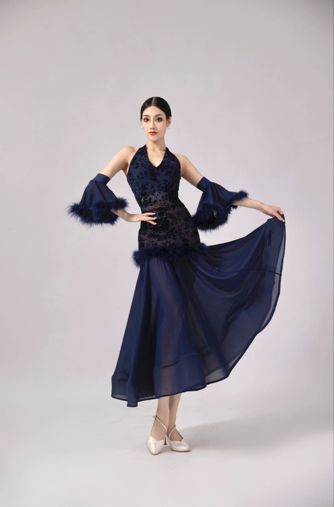 Women Ballroom Dance Dresses Black Red Navy Lace Halter Neck Waltz Tango Rhythm Competition Gown - Moderndancedress.com