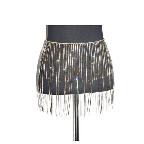 Women girls latin jazz rave dance Rhinestone tassel waist chain hollow bling hot pole dance tassel skirt belly dance body chain belts - Moderndancedress.com