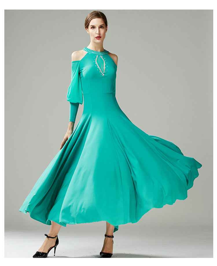 Mint Black Hollow Shoulder Ballroom Dance Dresses for Women Girls Waltz Tango Smooth Dance Long Gown - Moderndancedress.com