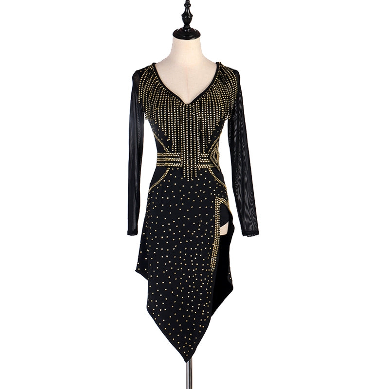 Flash gold Diamond fringe competition latin dance dresses black long sleeves modern dance stage Performance rumba chacha dance dress - Moderndancedress.com