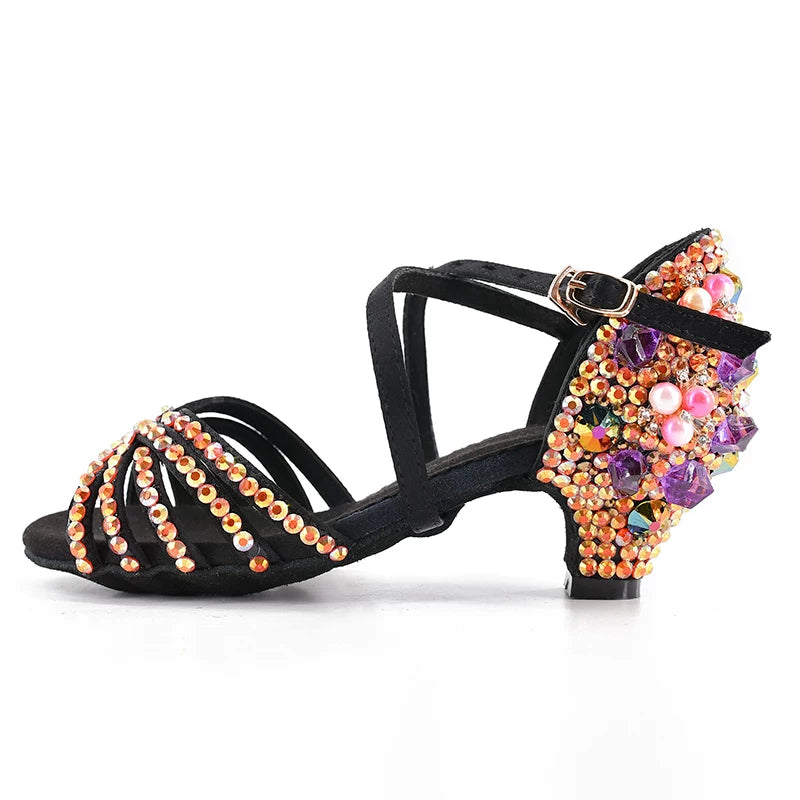 Women's Rhinestone Latin Dance Shoes | Low Heel Ballroom Salsa Sandals