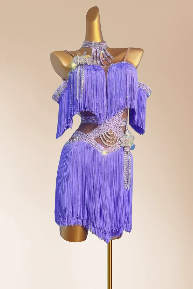 Custom Size Lavender Fringe Latin Dance Dresses Salsa Latin Chacha Professional Dance Costumes for Women Girls