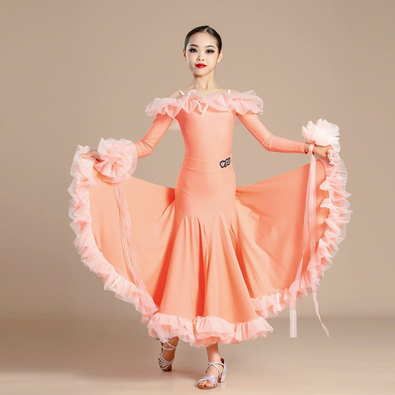 Modern ballroom dance dresses for girls kids waltz tango light purple orange wine professional competition clothing for children - Moderndancedress.com