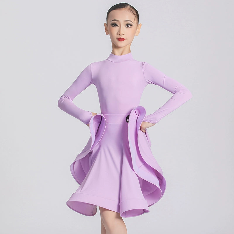 Professional Ballroom Latin Dance Dresses for Girls Kids Wine Lavender Purple Navy Long Sleeves Salsa Rumba Chacha Performance Costumes - Moderndancedress.com