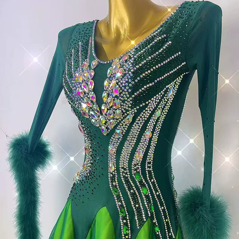 Custom Size Green Gradient Ballroom Dance Dresses for Women Girls Waltz Tango Foxtrot Smooth Dance Long Skirts - Moderndancedress.com