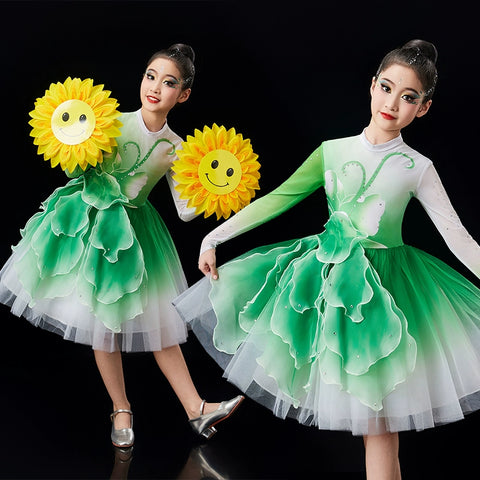 Children's pink green Petals modern dance dresses chorus performance girls tutu skirts school church choir competition outfits - Moderndancedress.com