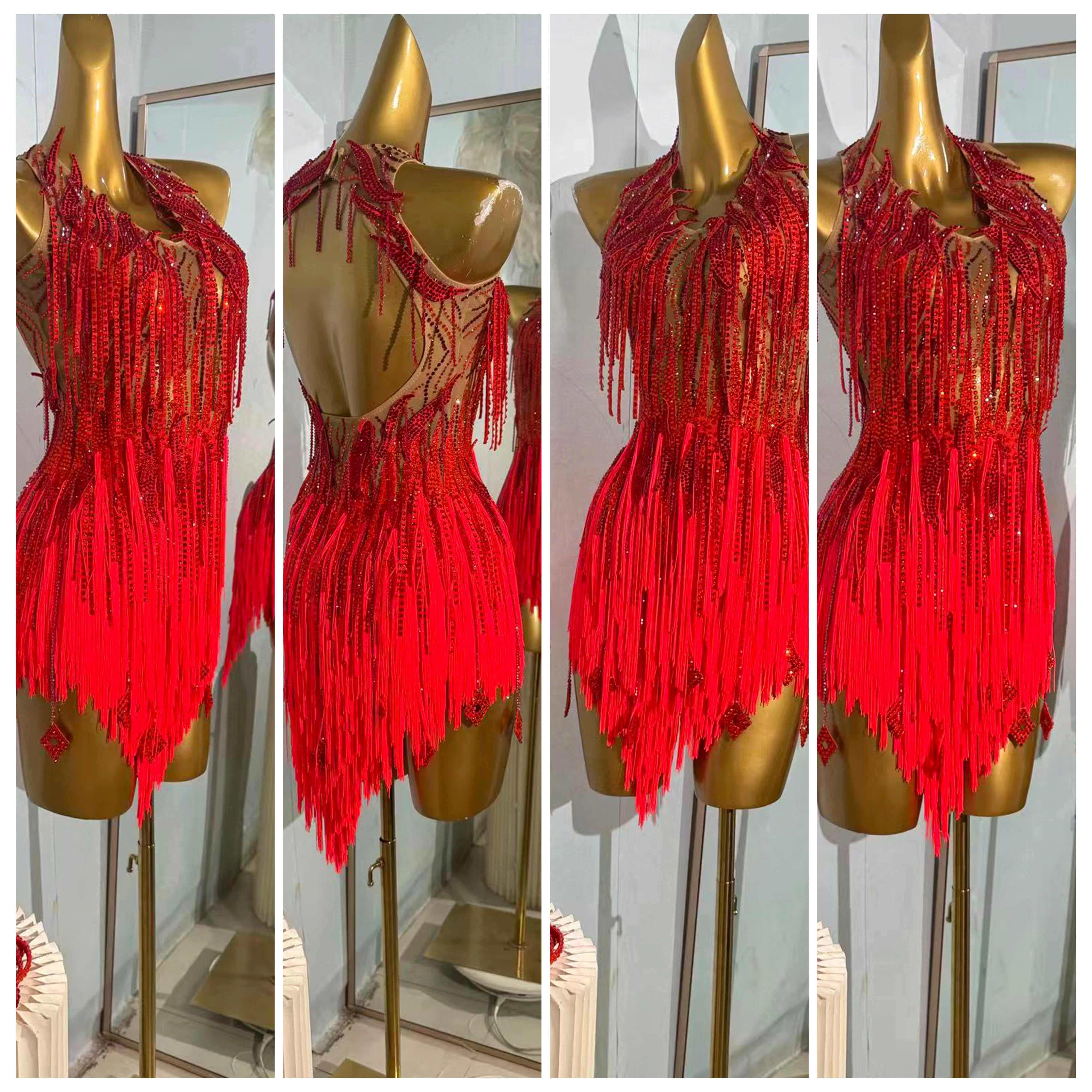 Custom Size Red Competition Latin Dance Dresses for Women Girls Salsa Rumba Chacha Latin Dance Costumes