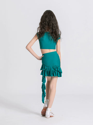 Green tassels Latin dance costumes for girls kids children ballroom Latin dance dresses modern salsa rumba Performance flower outfits - Moderndancedress.com