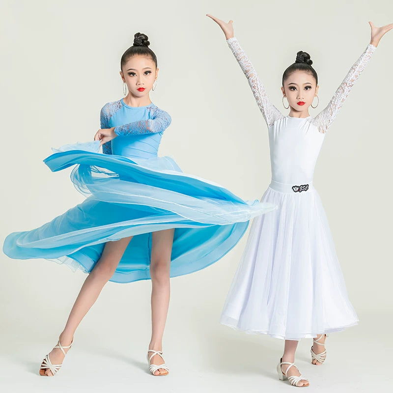 White Blue Lace Ballroom Dance Dresses for Girls Kids Waltz National Tango Dance Skirt Performance Regulations Clothes