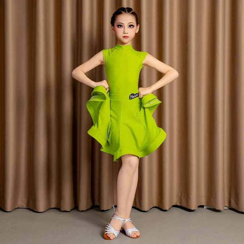 Girls Latin Dance Dresses Kids Green Pink Yellow Ballroom Salsa Rumba Chacha Competition Costumes