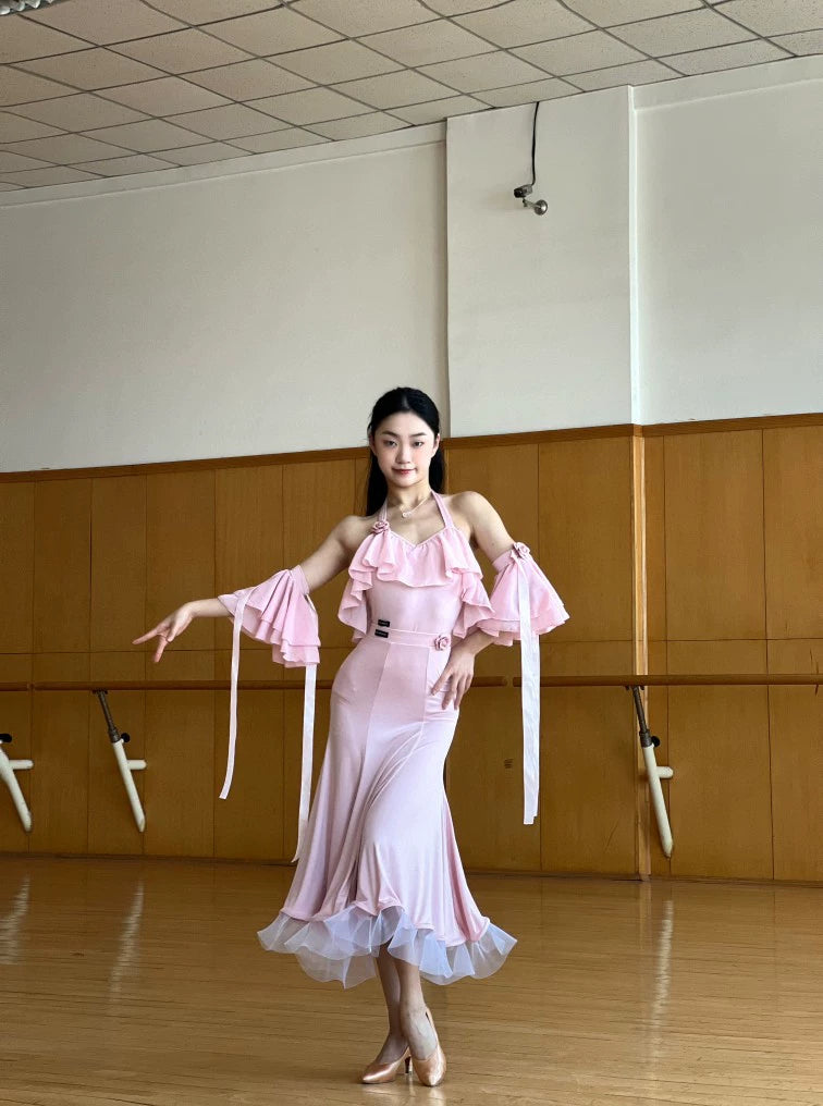 Ballroom Dance Dresses for Women Girls Ruffles Black Pink Lace Waltz Tango Rhythm Dance Long Skirts