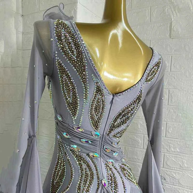 Customized Size Silver Competition Ballroom Dance Dresses for Women Girls Waltz Tango Rhythm Social Dance Gown