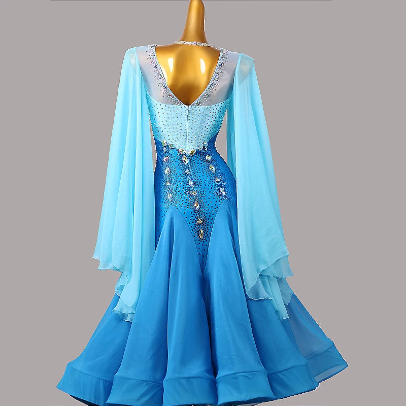 Custom Size Blue Competiiton Ballroom Dance Dress Waltz Tango Dance Long Bling Gown