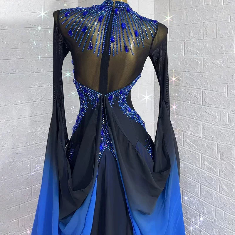 Custom Size Black Blue Crystal Competition Ballroom Dance Dress Standard Smooth Waltz Tango Dance Gown