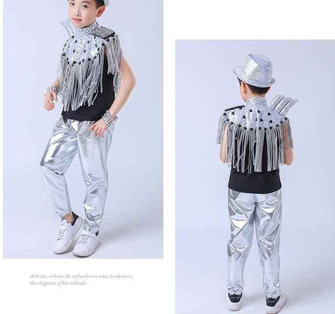 kids Modern Jazz Tassels dancing Costumes Sequined Girls short Sleeve Clothing Ballroom Hip Hop Stage Dancewear Outfits - Moderndancedress.com