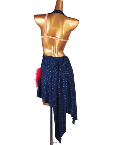 Navy Blue Rhinestones Irregular skirt Competition Latin Dance Dress For Women Modern Dance Feather Bling Flash Latin Rumba Chacha Dance Wear