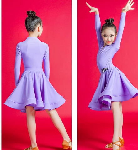 Pink yellow wine violet color competition latin dance dress for girls children modern ballroom dance dress salsa rumba chacha dance costumes for kids