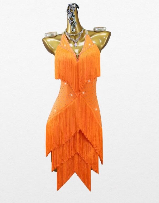 Orange fringe competition latin dance dresses for women girls salsa rumba chacha dancing tassels skirts with gemstones for female - Moderndancedress.com