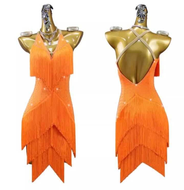 Orange fringe competition latin dance dresses for women girls salsa rumba chacha dancing tassels skirts with gemstones for female - Moderndancedress.com
