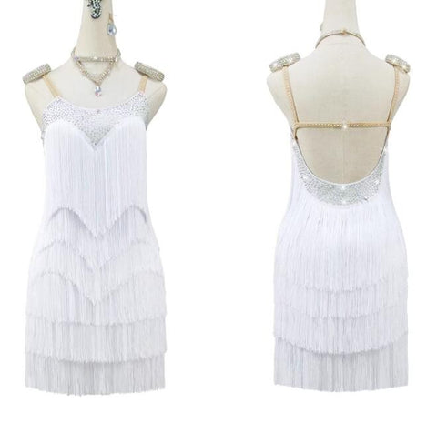 White tassels competition latin dance dresses for women young girls gemstones bling salsa rumba chacha dance fringe skirts for female