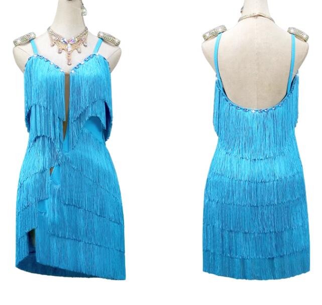 Turquoise fringe competition latin dance dresses for women girls ballroom latin modern dancing costumes for female